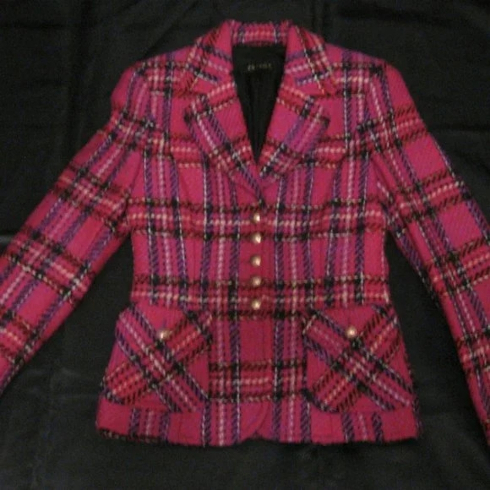 ESCADA SAKS PINK BLACK MULTI PLAID SUIT JACKET BLAZER W GOLD 34 4 6
